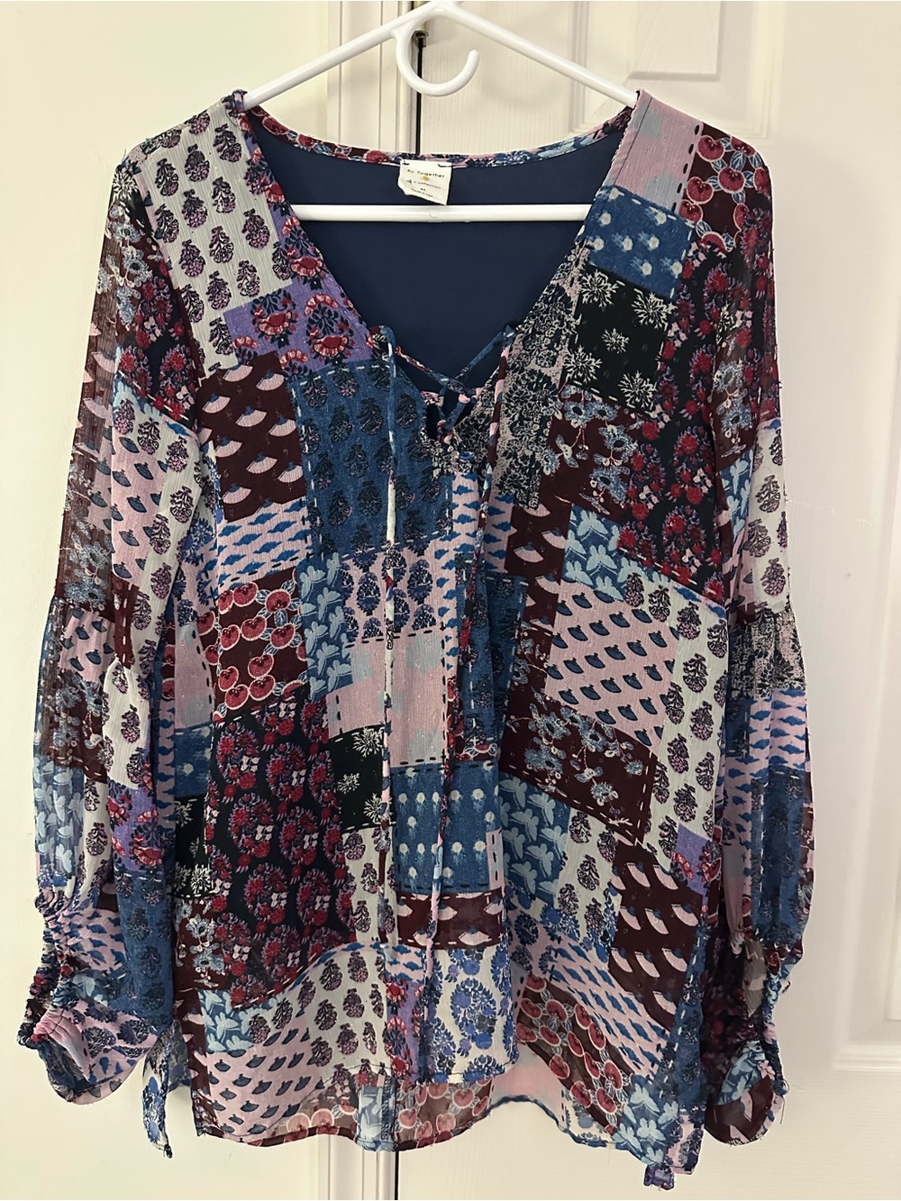 By Together Patchwork Peasant Tunic in Blue, Pink, Burgundy